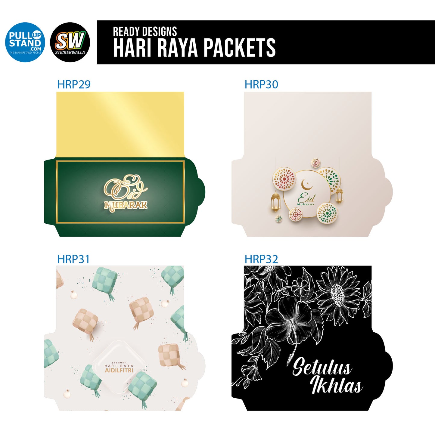 "Elegant custom Money Packets featuring gold and green traditional patterns for Hari Raya celebrations
