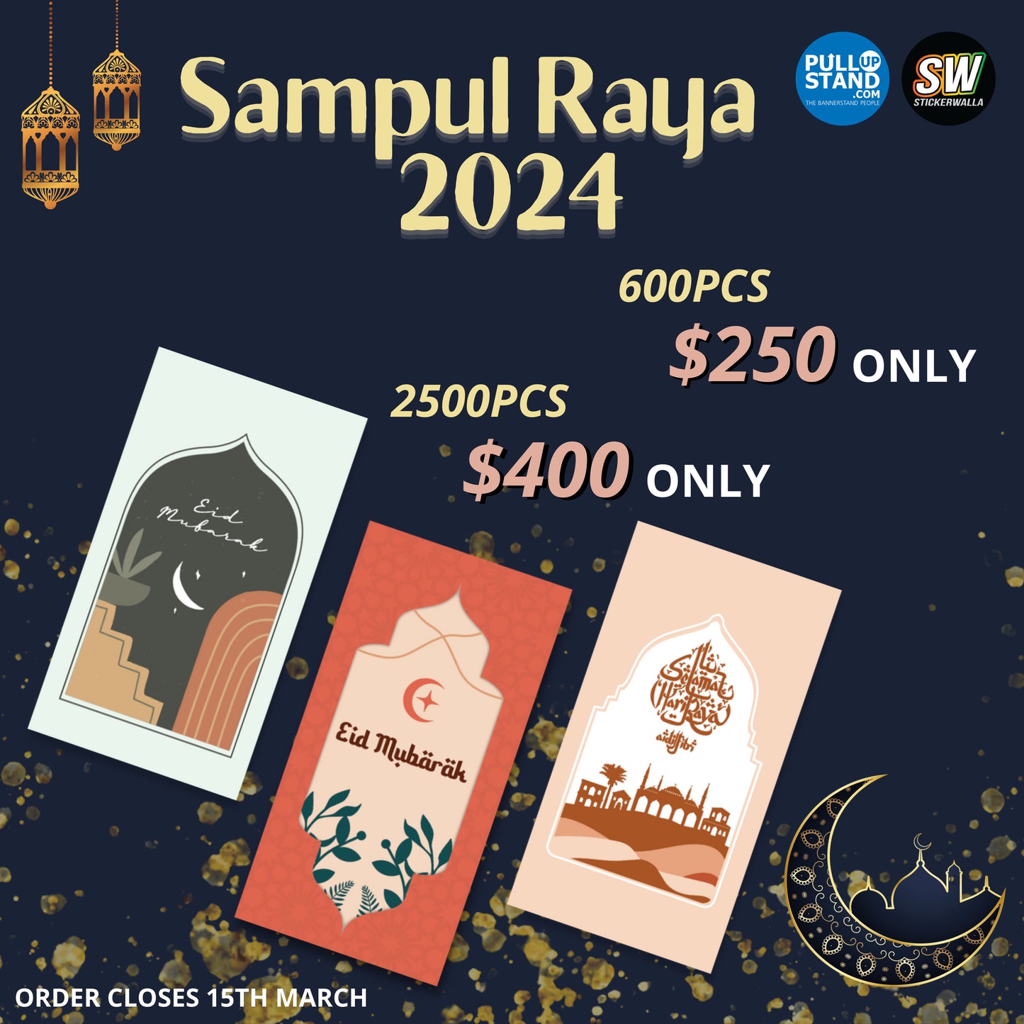 Elegant custom Money Packets featuring gold and green traditional patterns for Hari Raya celebrations