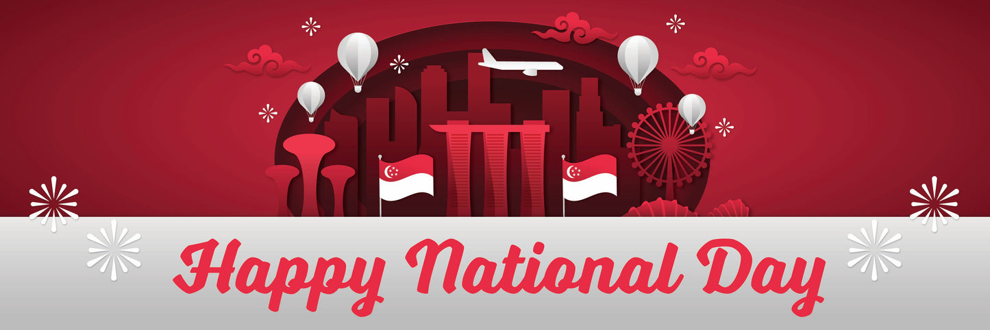 celebratory design with Singapore flag, airplane, and balloons on a red background with 'Happy National Day' text.