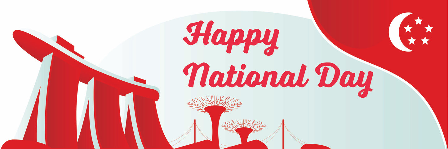 Happy National Day banner with Singapore landmarks and flag