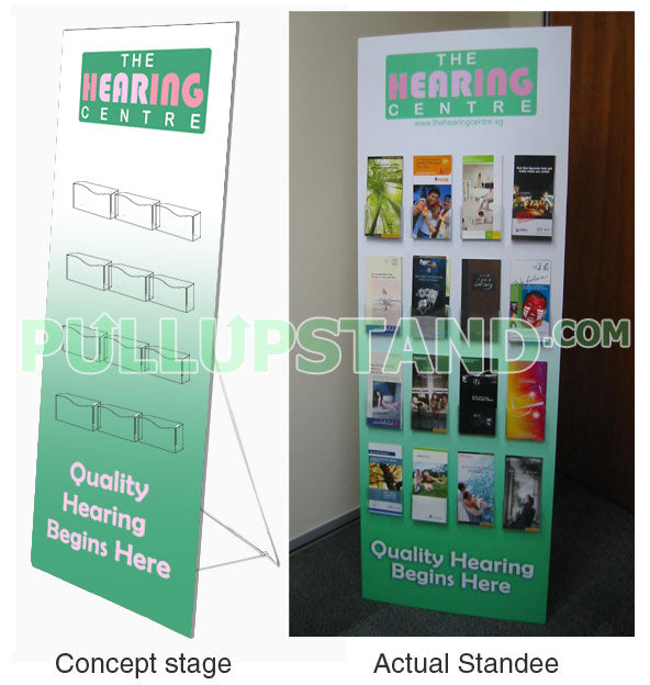 Life-sized airline stewardess foamboard standee with attached brochure holder at airport information desk