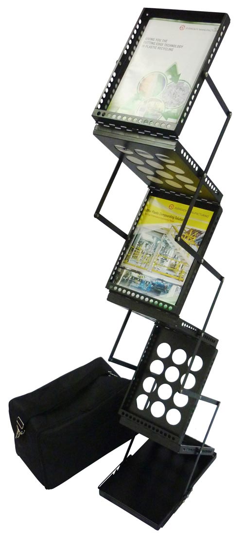 Black Zig Zag Literature Stand collapsed into compact size next to canvas carrying case, demonstrating portable design for easy transport between events