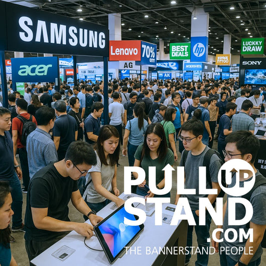 Square image of a bustling indoor tech fair: a crowd of visitors testing gadgets on demo tables in front of Samsung, Acer, Lenovo, and HP booths, with large “70% off,” “Best Deals,” and “Lucky Draw” signs overhead.