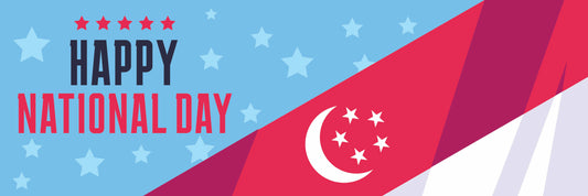 Happy National Day banner with Singapore flag design on a blue background
