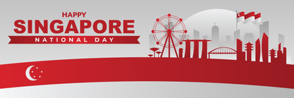 Happy Singapore National Day banner with national flag, skyline, and fireworks on a red, white and grey theme design