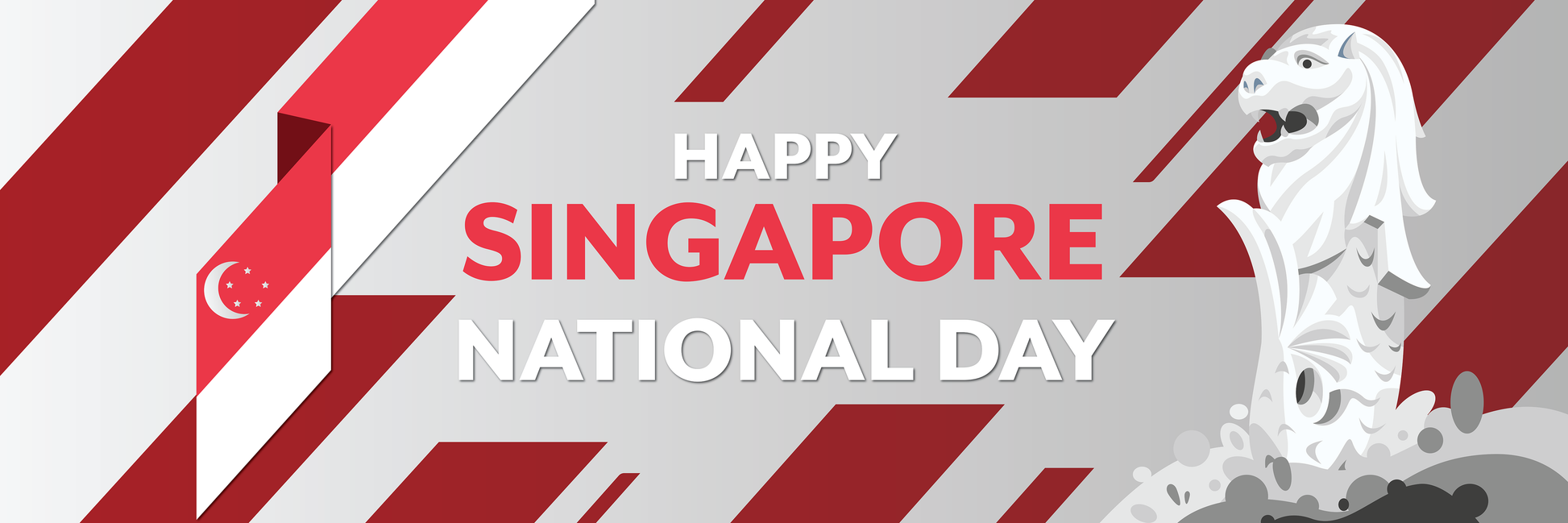 Happy Singapore National Day with flag and merlion statue