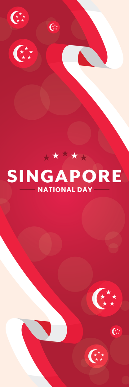 Design with 'Singapore National Day' text on a red background with white ribbon and small Singapore flags.